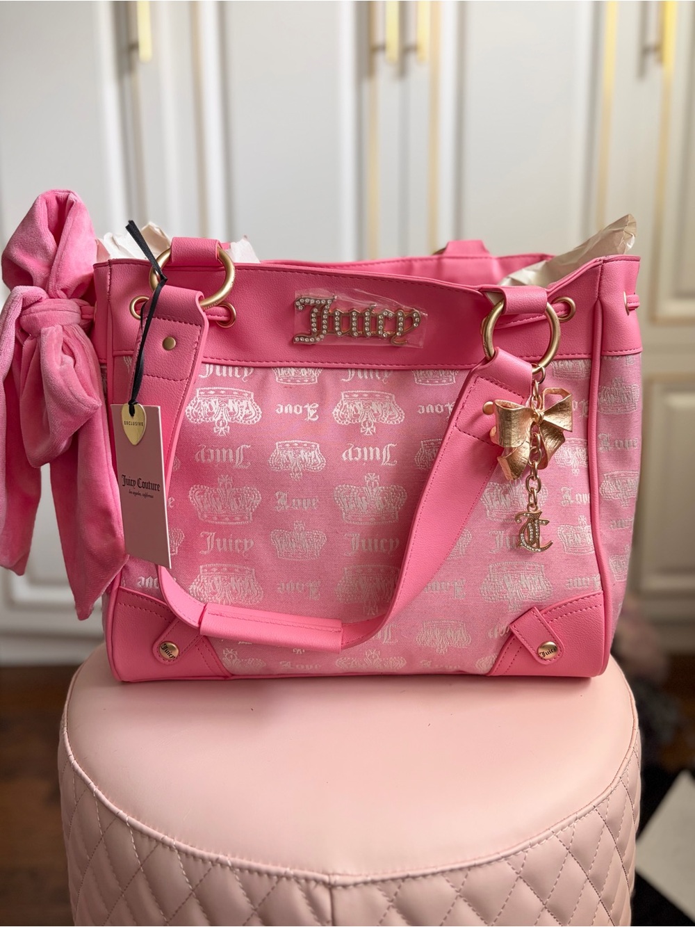 NWT Juicy Couture Vintage Daydreamer Tote Gold Pink Lemonade Side Bow